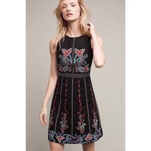 Anthropologie Maeve Chennai Dress Black Floral Embroidered Back Zip Plus Size 16